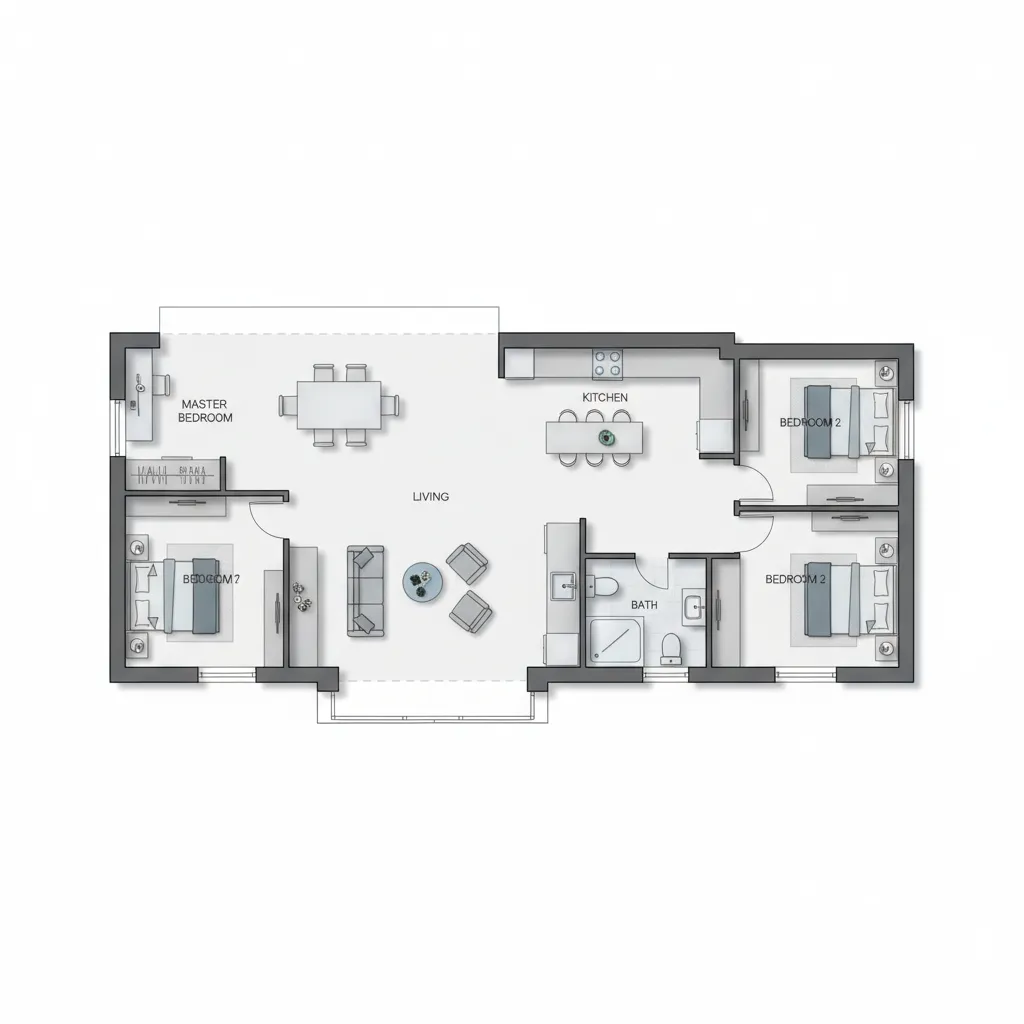 Detailed 2D room layout showing three bedrooms, living area, kitchen, bathroom, and a small balcony