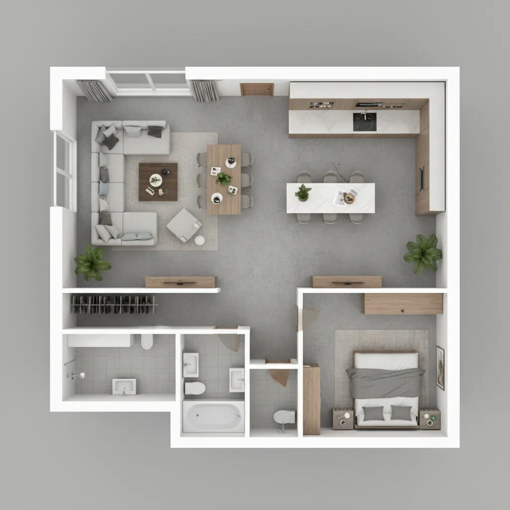 Vista superior de plano 3D mostrando distribución de habitaciones en una casa