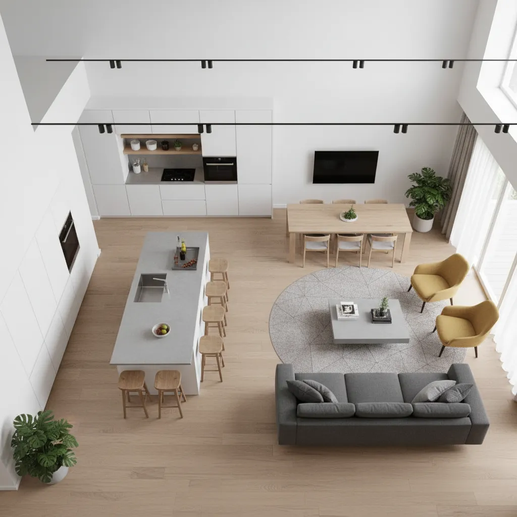 Diseño de distribución de espacios en una casa con cocina y salón abiertos