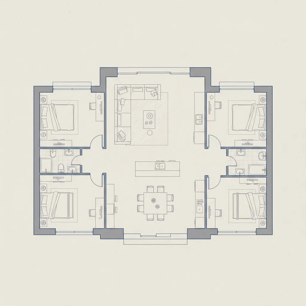Plano de casa con zonas social, privada y de servicio diferenciadas