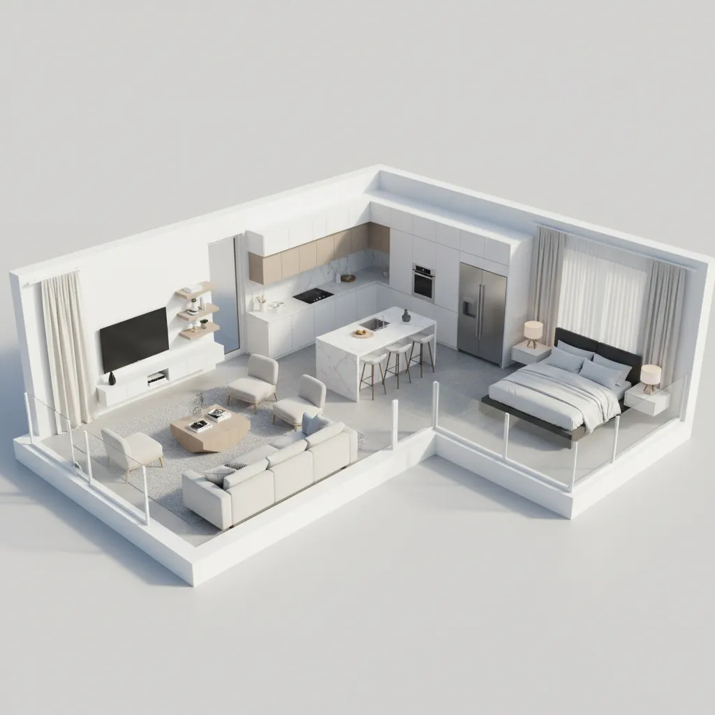 Diseño digital mostrando distribución de habitaciones en una casa