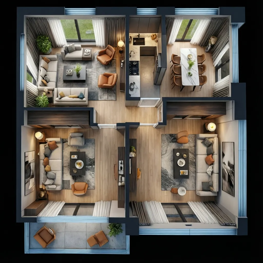 Distribución equilibrada de salón cocina y comedor en plano de vivienda