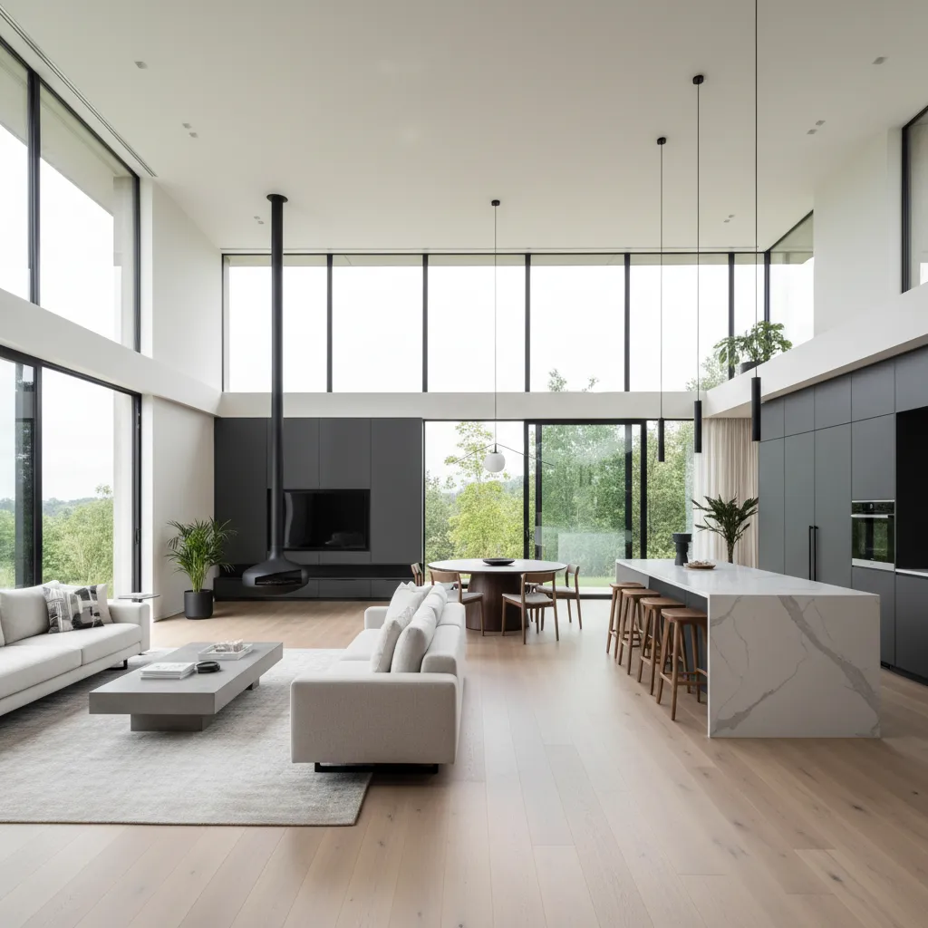 Interior de casa moderna con distribución abierta y mucha luz natural