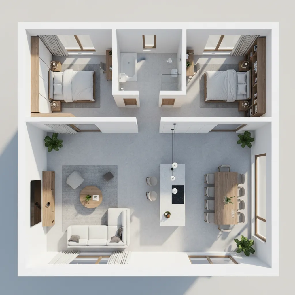 Distribución de habitaciones en un modelo de casa en 3D