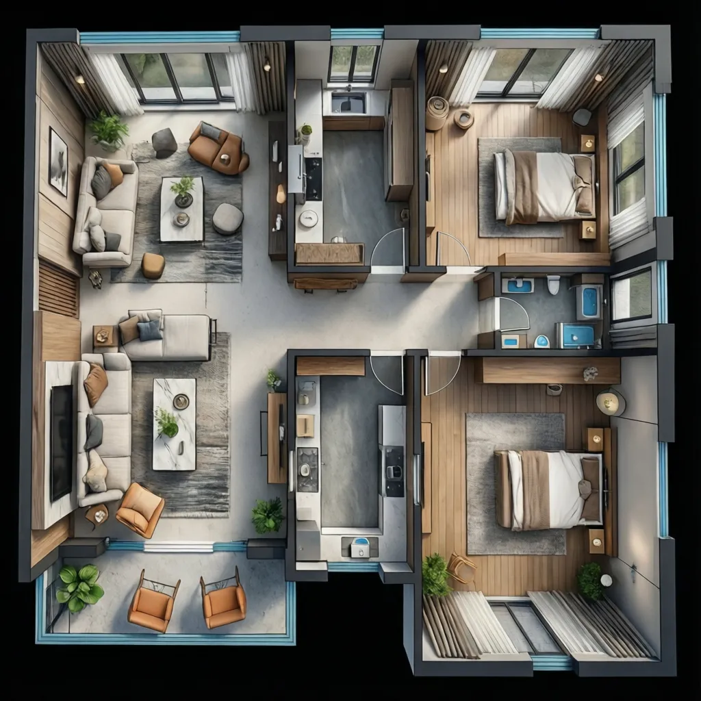 Vista superior de distribución de una casa con salón, cocina y dormitorios