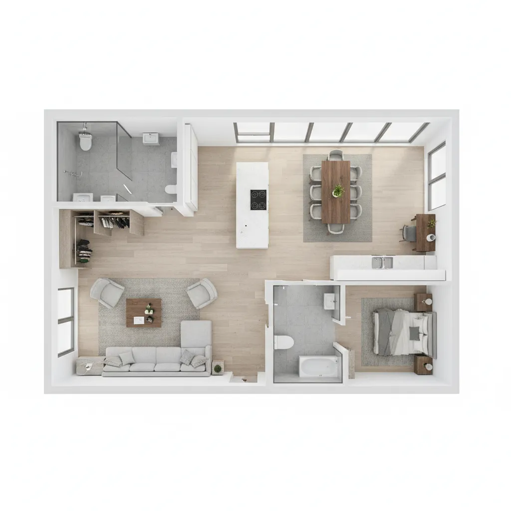 Top view interior design drawing showing apartment with living room kitchen bedroom and two bathrooms
