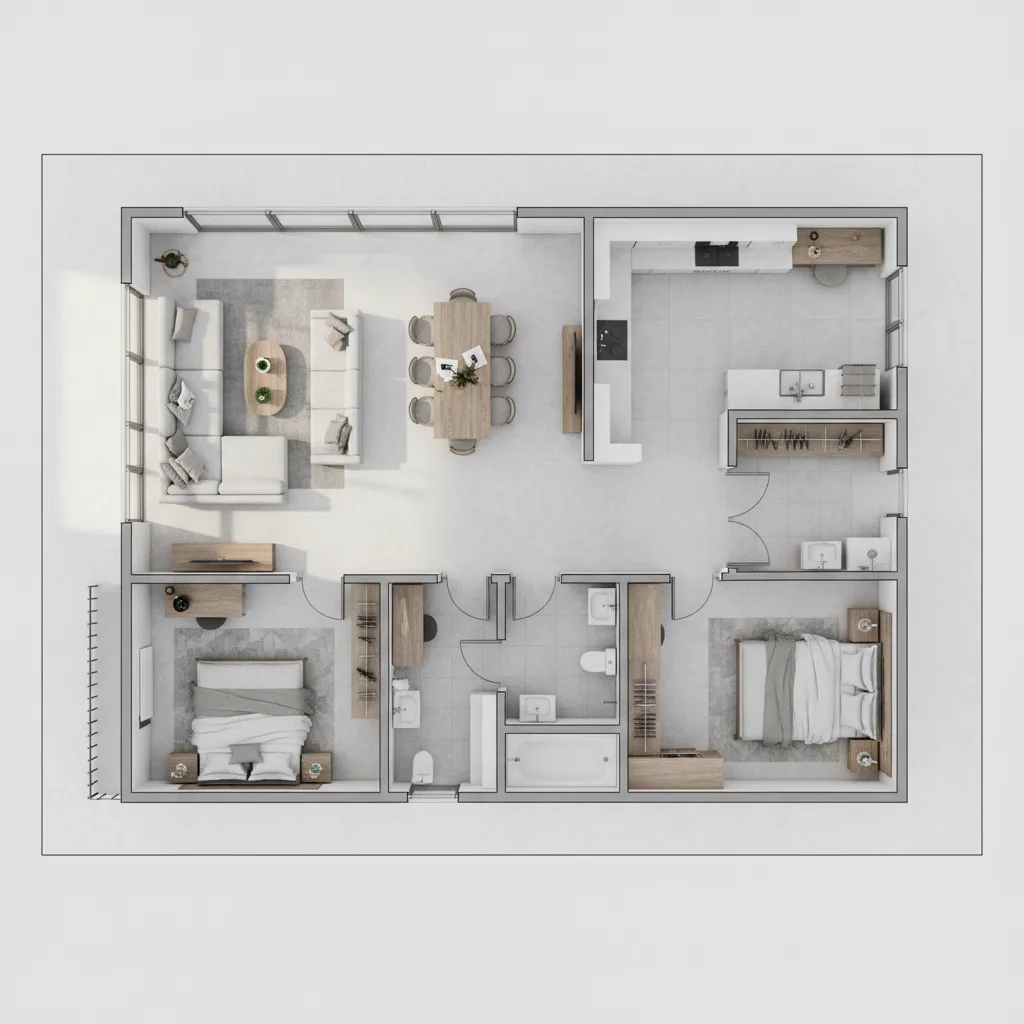 Plano de distribución de un apartamento con mobiliario