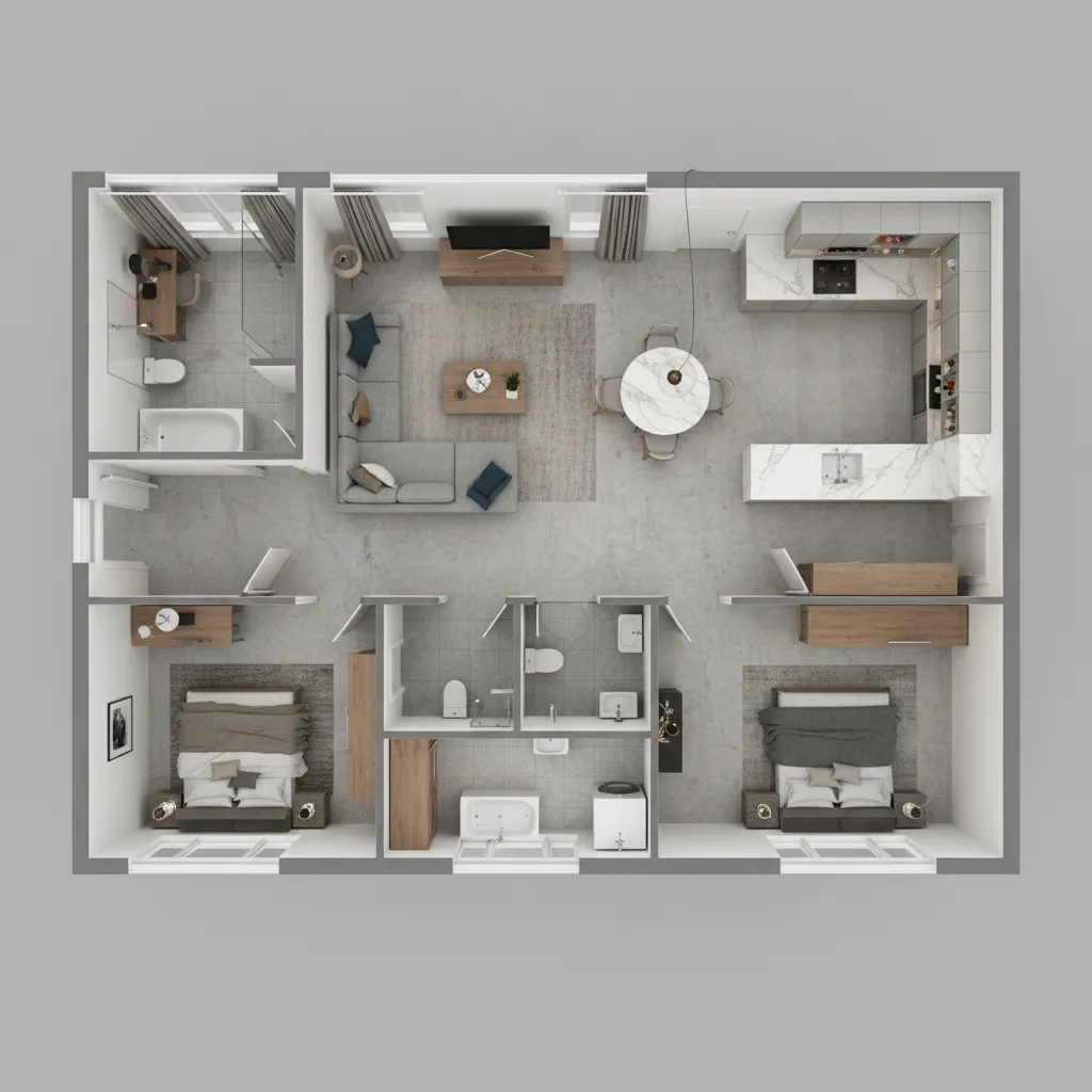 Modelo 3D de distribución de un apartamento visto desde arriba