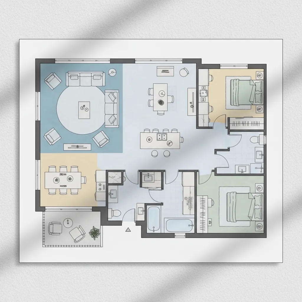 Plano de distribución de un apartamento con zonas funcionales