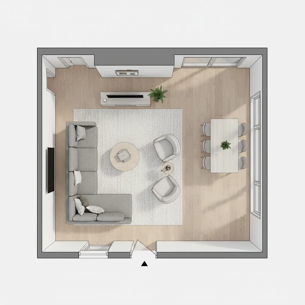 Top down interior design drawing of a living room with grey sofa and dining table