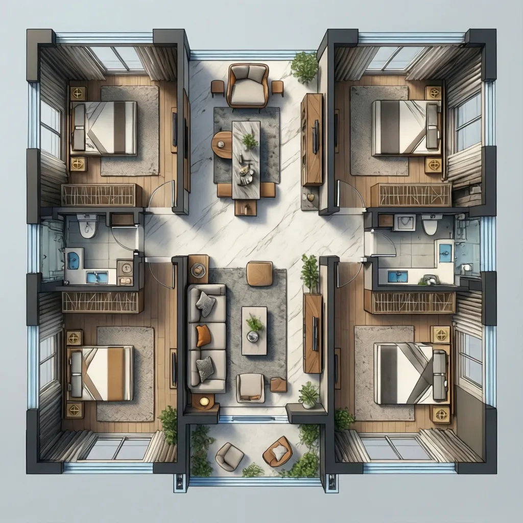 Plano de distribución de una vivienda con muebles y circulación marcada