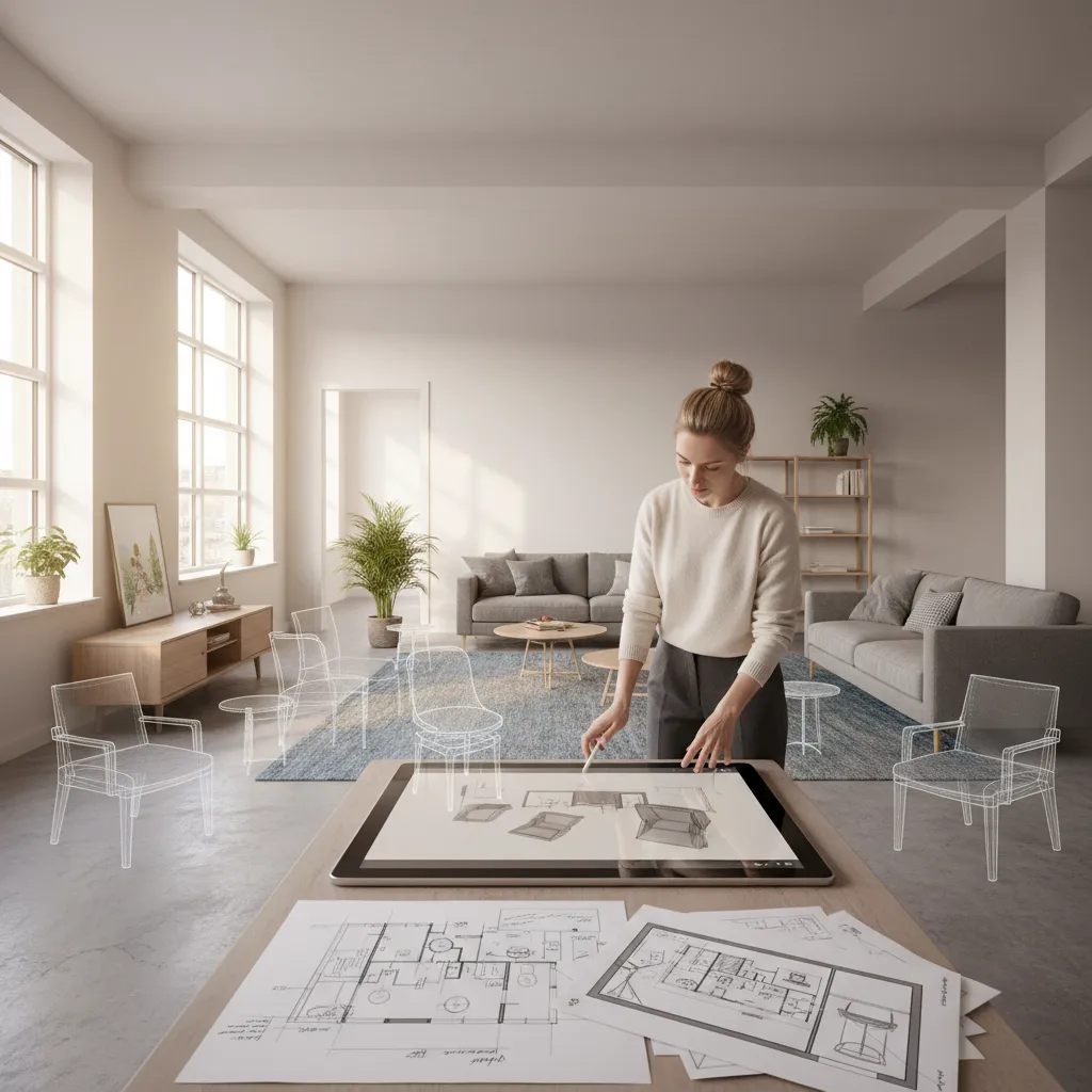 diseñador trabajando en la distribución de muebles de un salón moderno