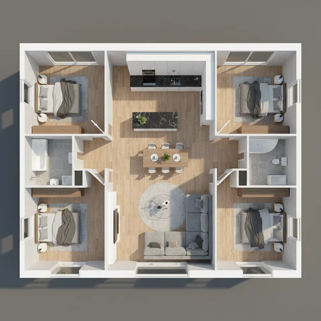 Plano 3D de casa mostrando salón, cocina y dormitorios conectados