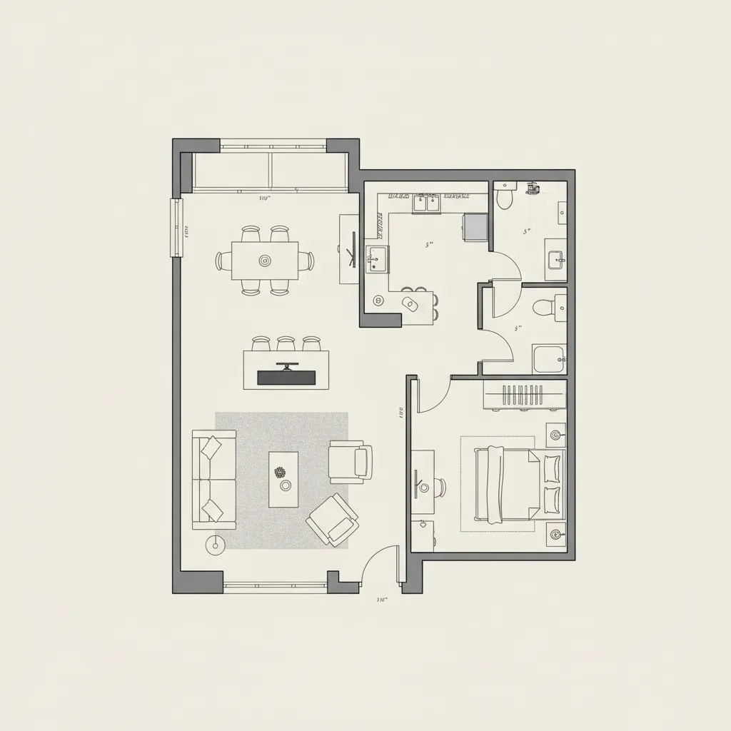 Simple room layout showing a kitchen dining area living room one bedroom and two bathrooms