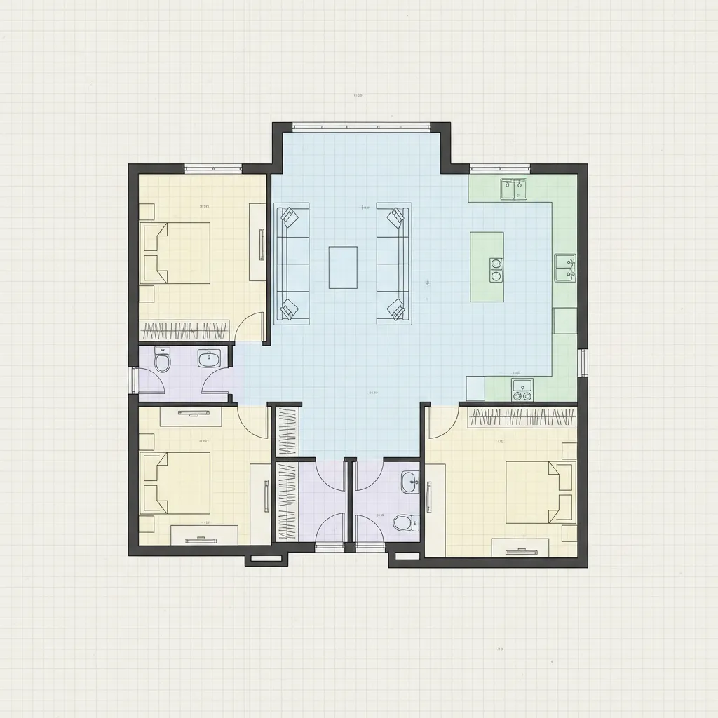 Distribución de espacios en un plano de vivienda con zonas marcadas