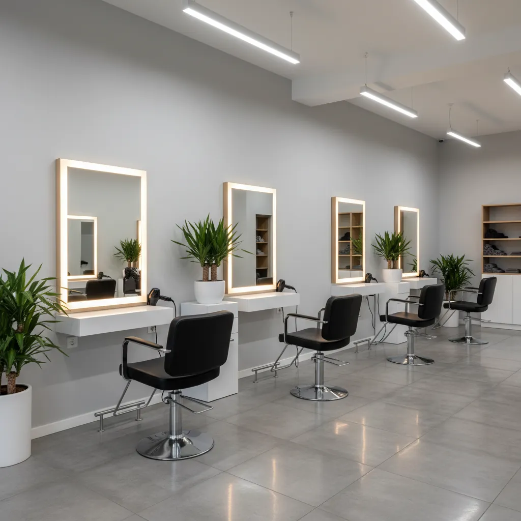 Professional hair salon with white styling stations black chairs mirrors with lights and green plants