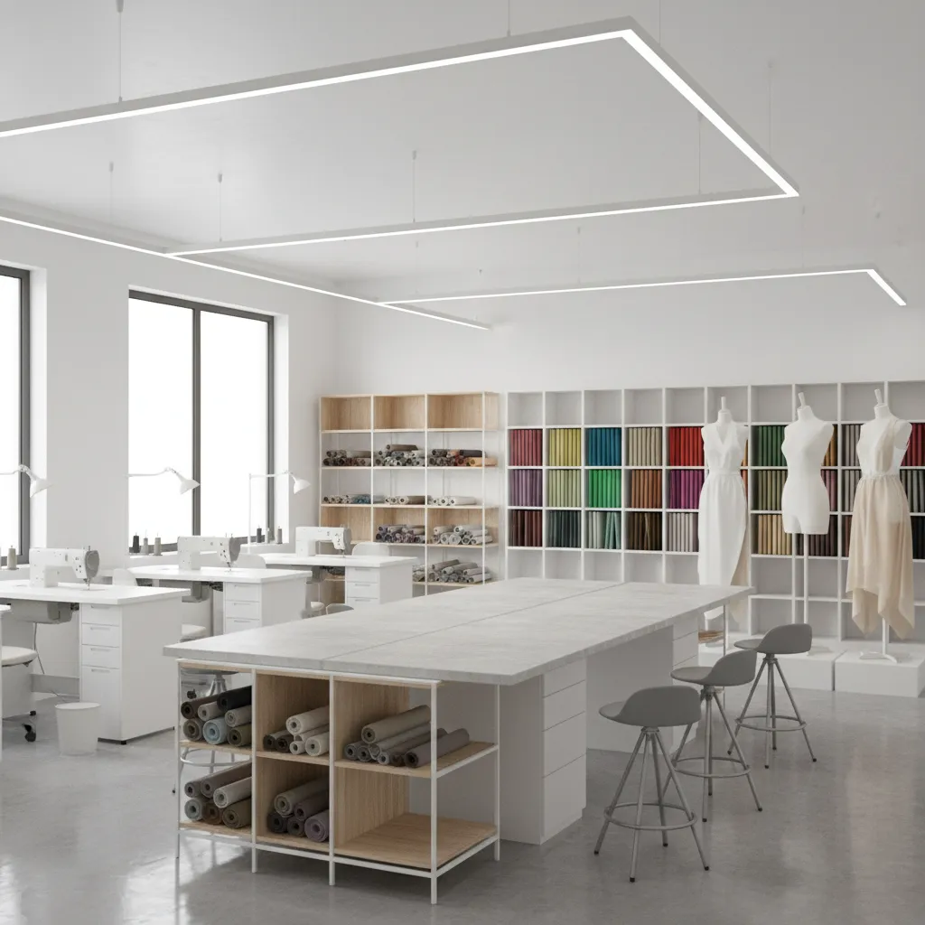 Distribución funcional de un estudio de moda con zonas diferenciadas