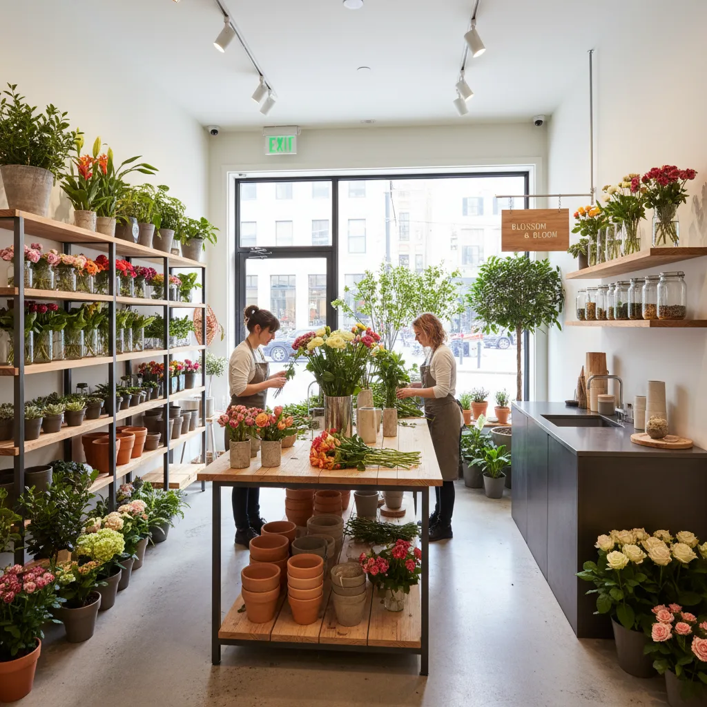 Two people arranging flowers on a large wooden table inside a modern small flower shop