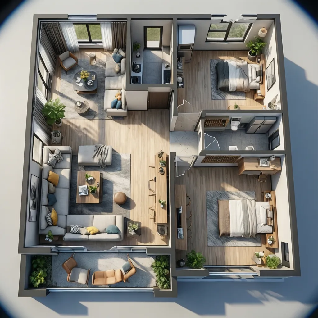 Distribución funcional de una vivienda con salón, cocina y dormitorios conectados