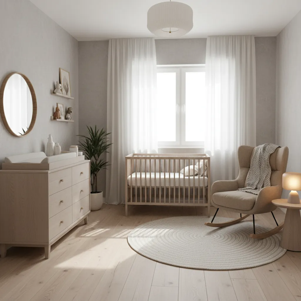 Distribución funcional de una habitación de bebé con cuna, cambiador y sillón