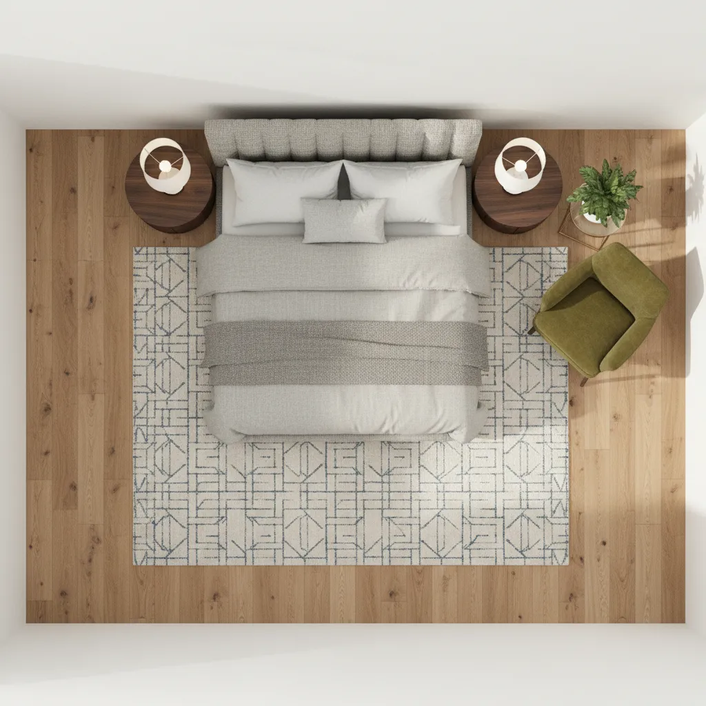 Plano de distribución de una habitación con muebles colocados estratégicamente