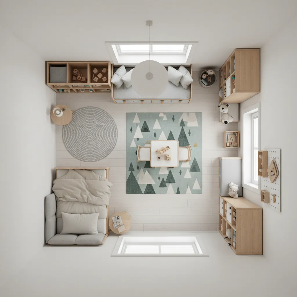 Plano de distribución de dormitorio infantil con zonas de cama, juego y almacenamiento