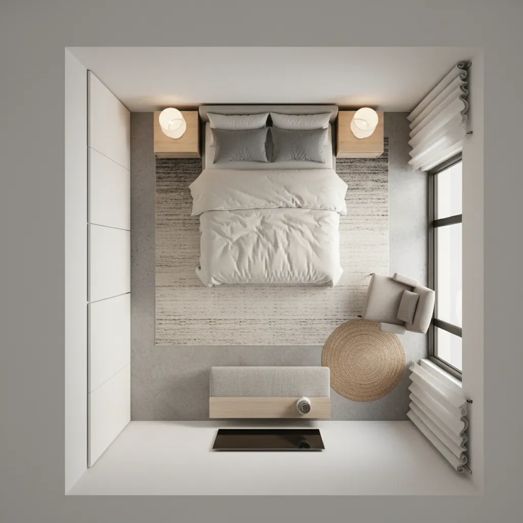 Top view of minimalist bedroom layout with grey bed white rug small chair and window