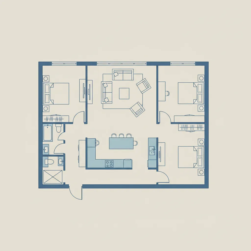 Plano de casa con diferentes habitaciones distribuidas alrededor de una zona central