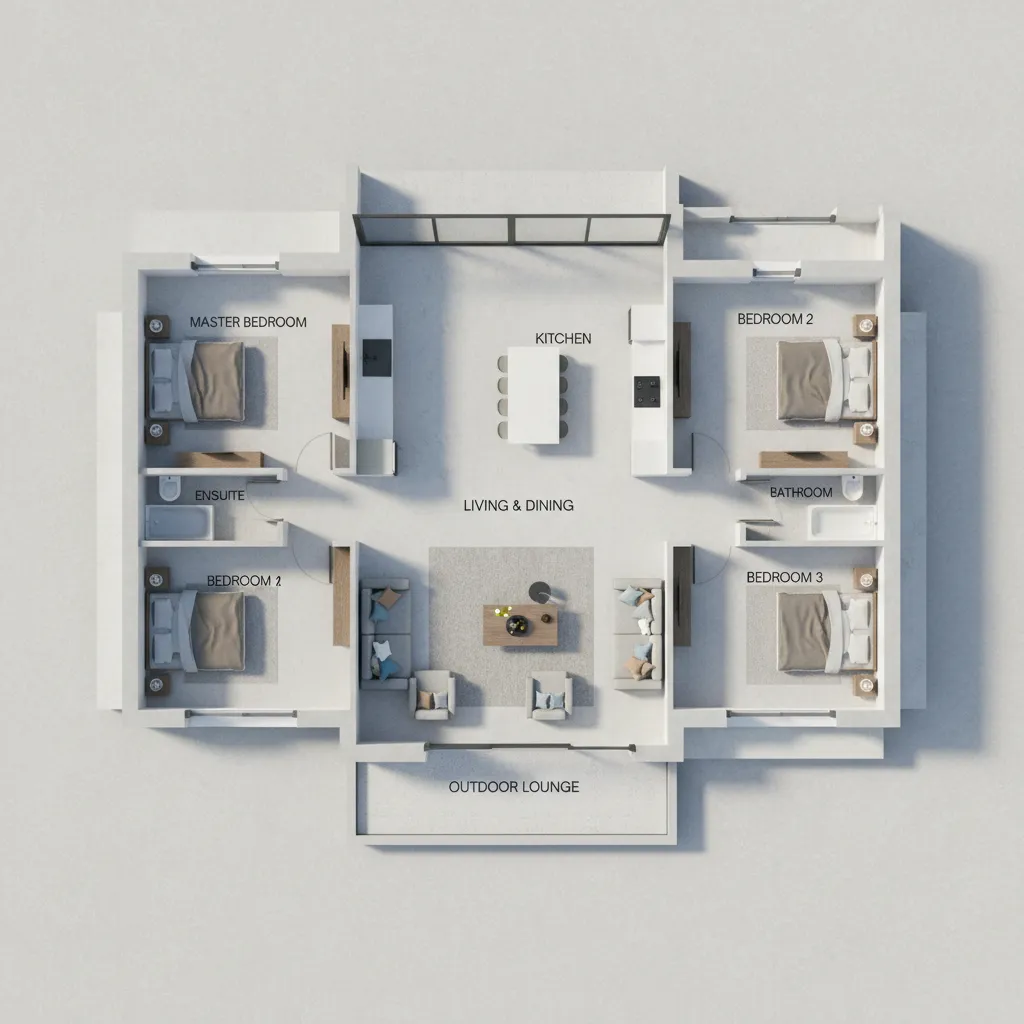 Vista superior de la distribución de habitaciones en una casa moderna