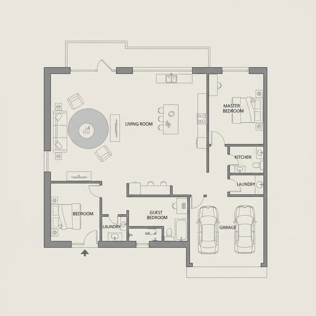 Plano de casa mostrando distribución de habitaciones y mobiliario