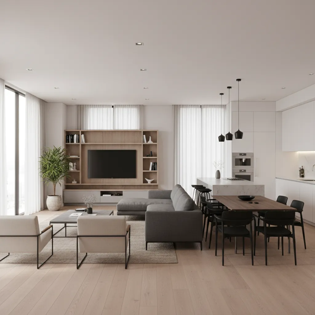 Modern open living room with grey sofa wooden dining table black chairs and white cabinets