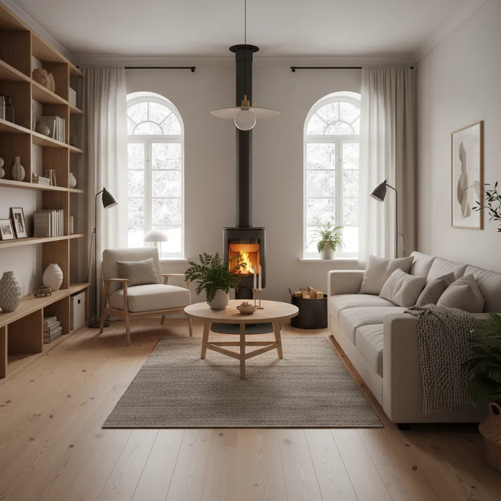 Cozy living room with grey sofa wooden coffee table central fireplace and tall wooden bookshelves
