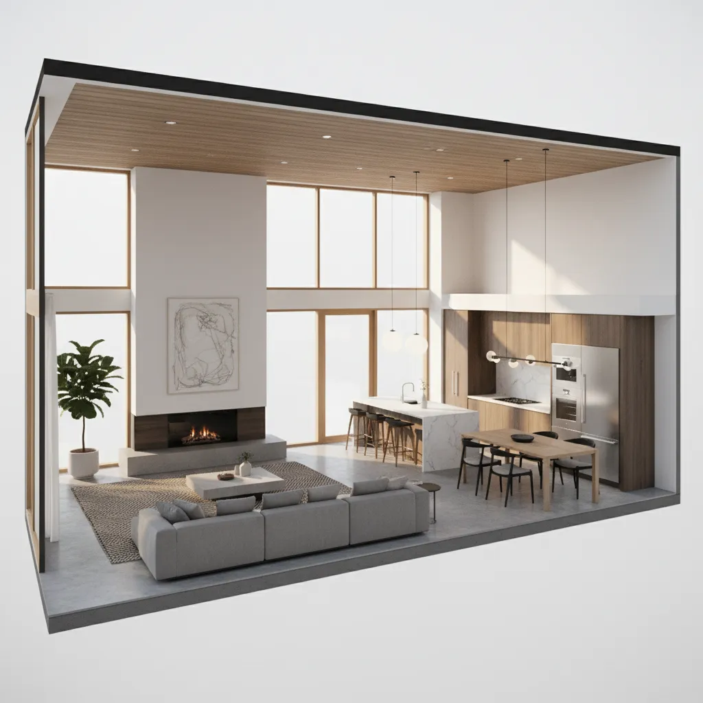 Vista 3D de la distribución interior de una casa con salón, cocina y comedor conectados