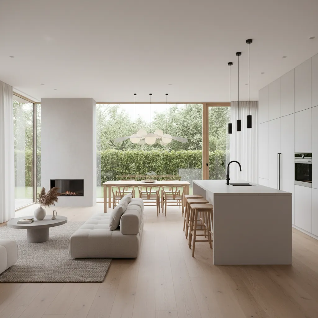 Interior de casa moderna con distribución abierta entre salón y cocina