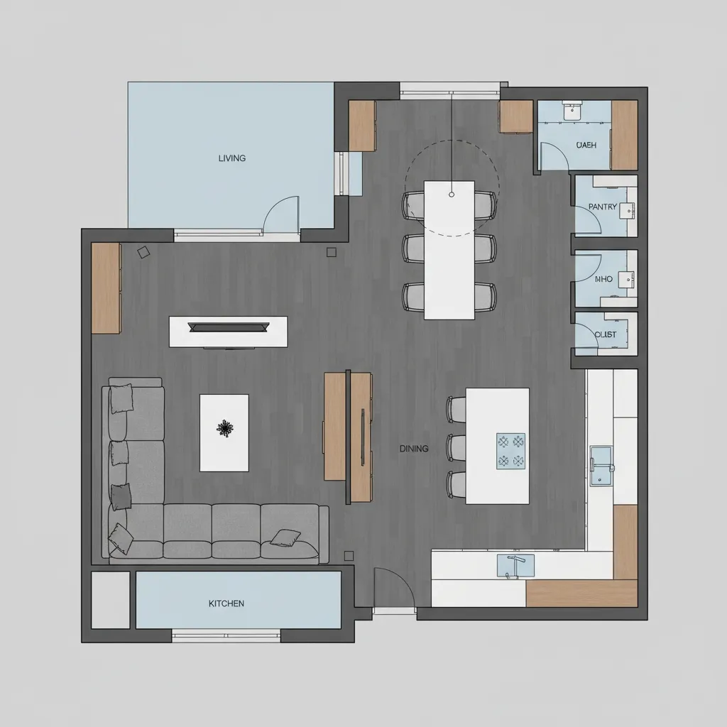 Plano de distribución interior de una casa con zonas diferenciadas