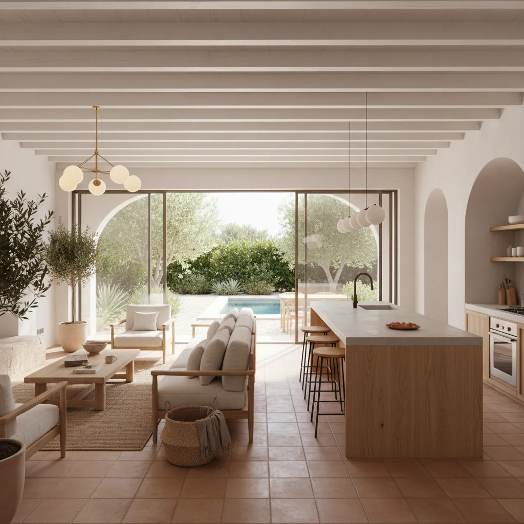 Mediterranean open plan kitchen and living area with ceiling light leading to an outdoor pool