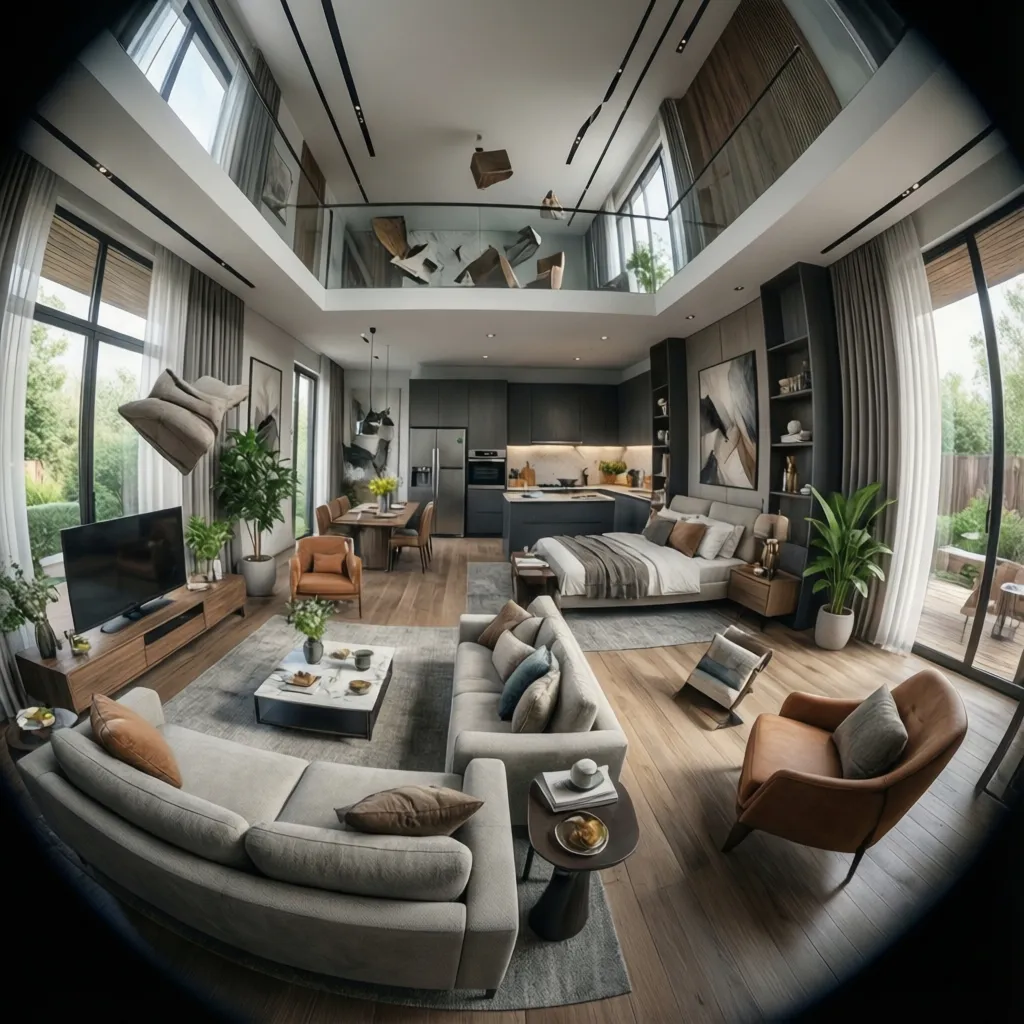 Wide angle view of modern open plan living room with grey sofa brown chairs and kitchen