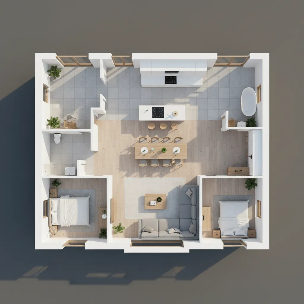 Modelo 3D de la distribución interior de una casa moderna