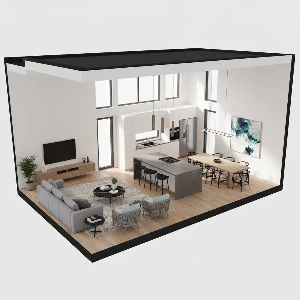 Vista 3D de distribución interior de una casa con salón cocina y comedor