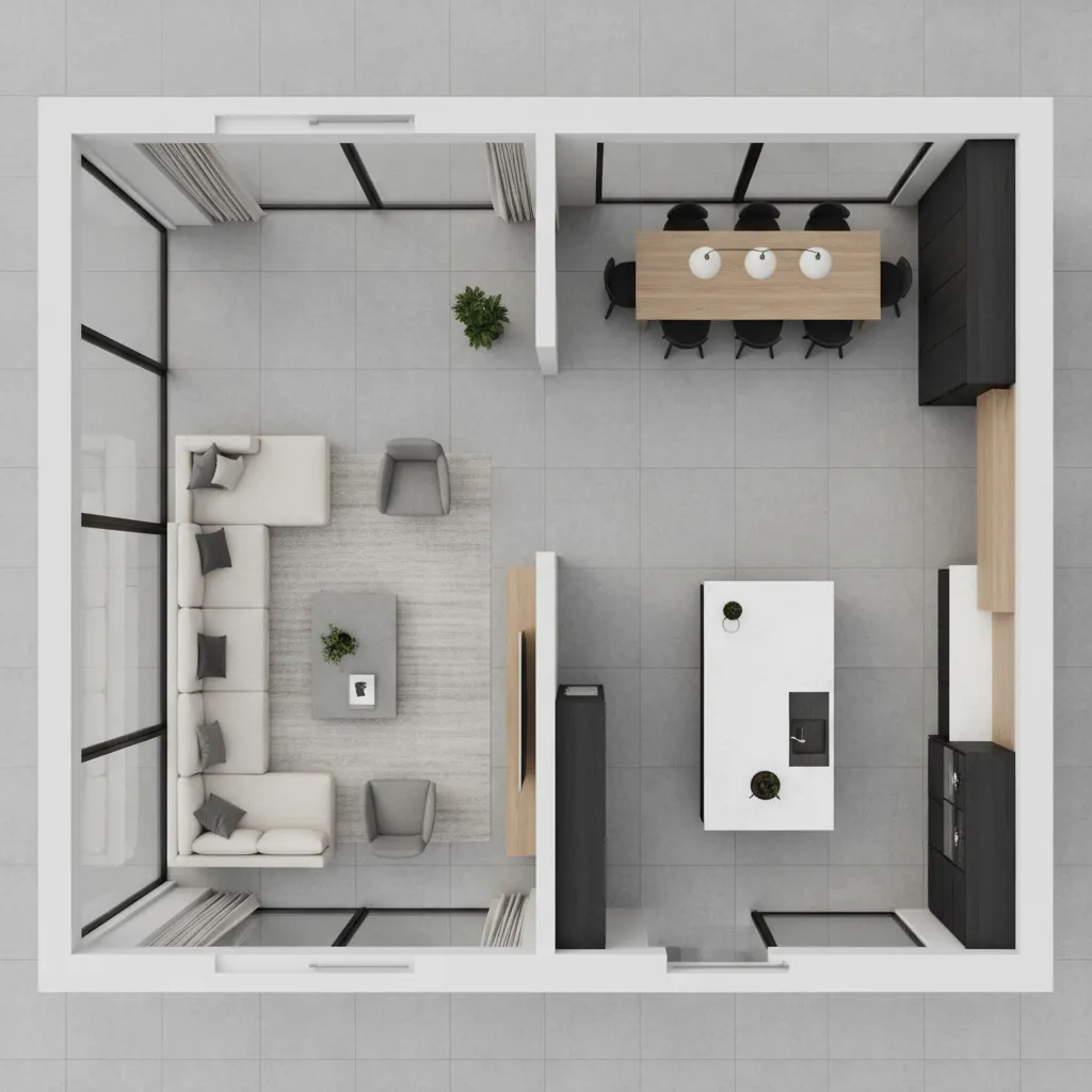Modern apartment room layout showing living room sofa kitchen island and dining table top view