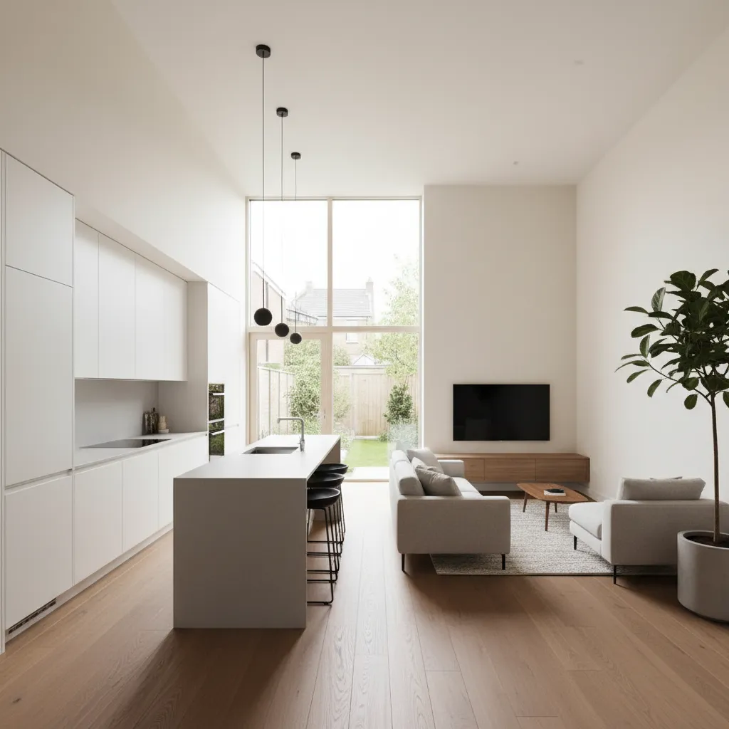 Interior de casa estrecha con distribución eficiente y cocina abierta