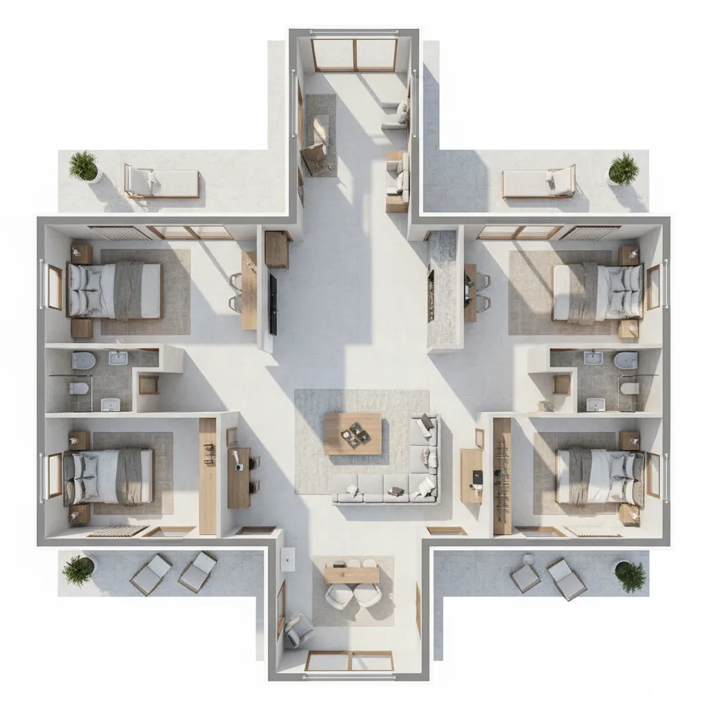 Visualización 3D de distribución interior en una casa de una planta en H