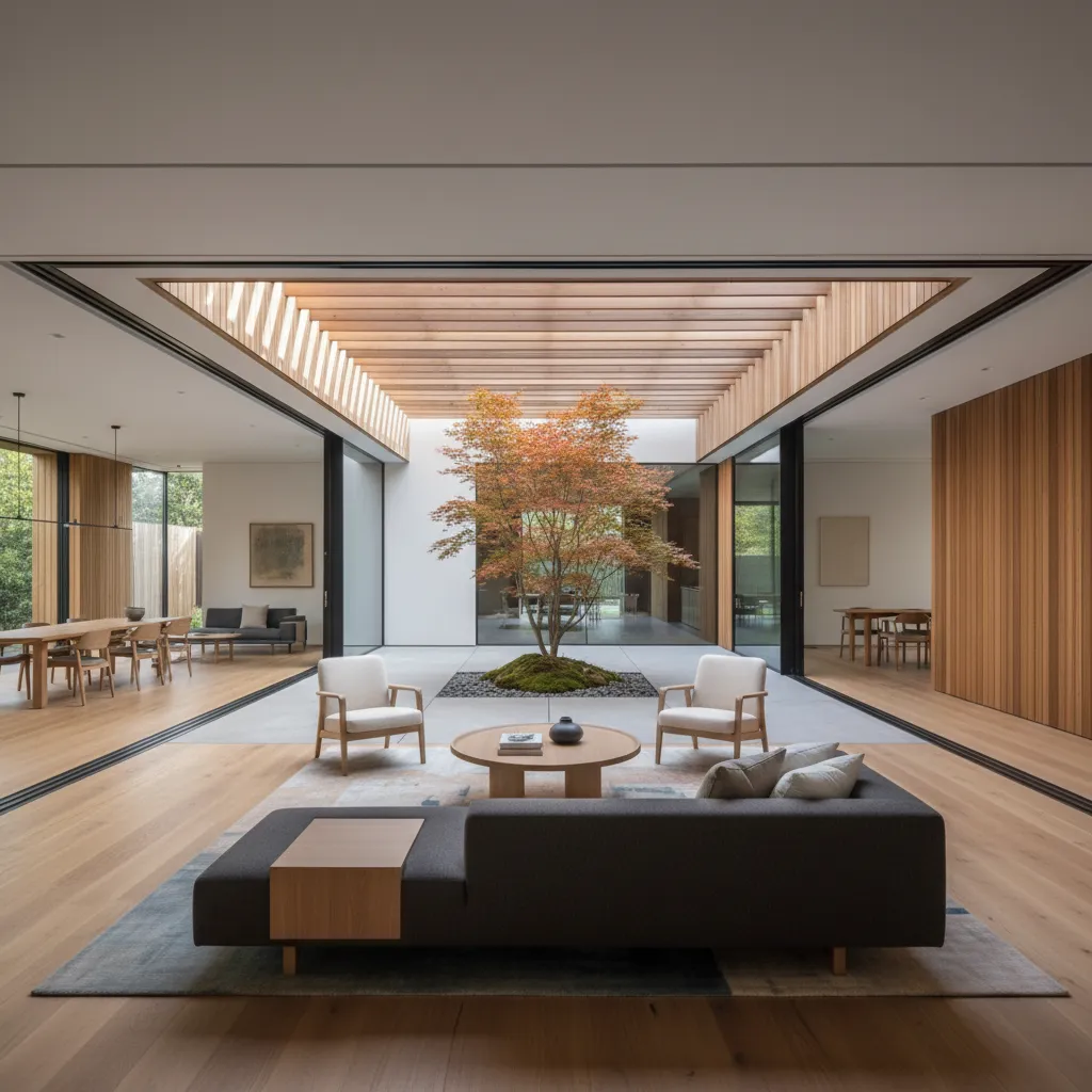 Interior de casa moderna en forma de U con salón abierto al patio
