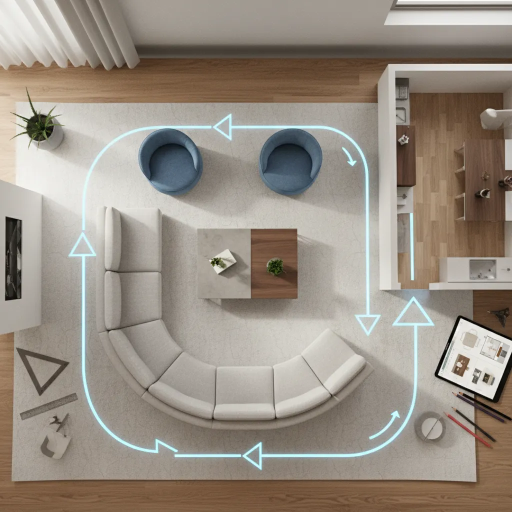 Distribución de muebles en un salón diseñada digitalmente