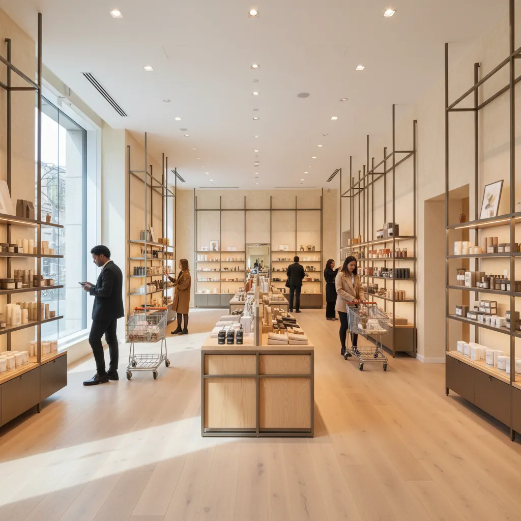 Modern minimalist retail store with tall display racks, wooden floors, and customers browsing various products