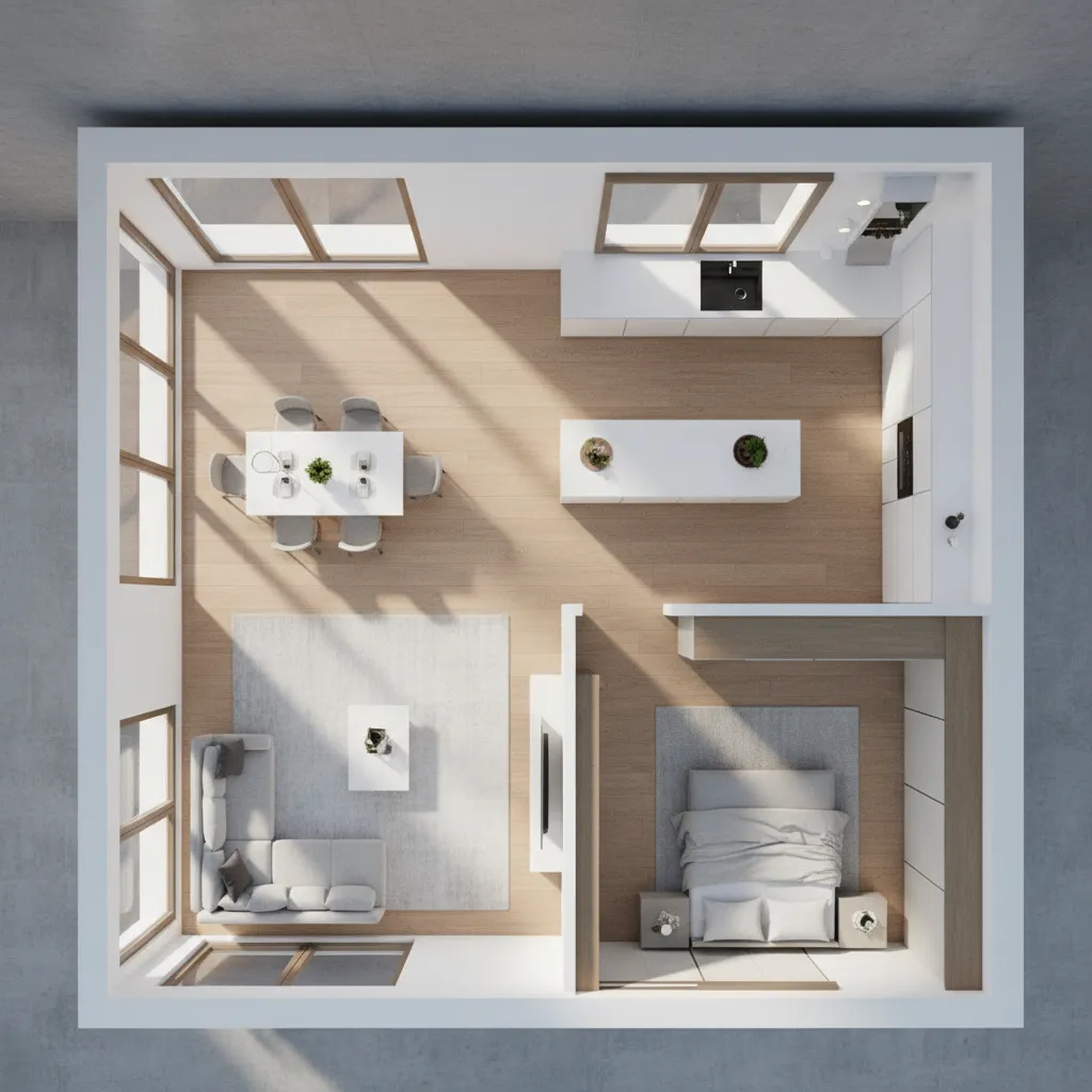 Top down interior design drawing of small apartment including living area kitchen and a bedroom
