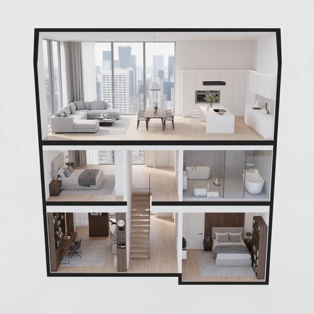 Coohom 3D interior design drawing showing a three story house layout with bedrooms and kitchen
