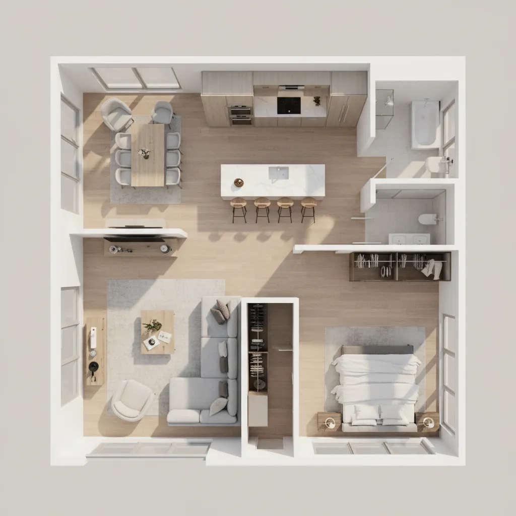 Modern 3D room layout showing a bedroom living room kitchen and bathroom with wooden floor