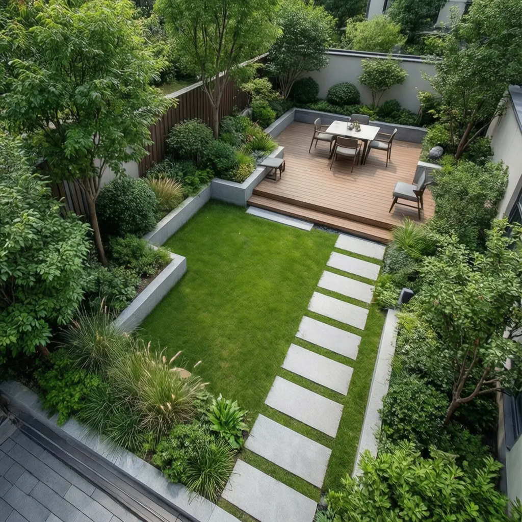 Diseño de jardín residencial con zonas funcionales bien distribuidas