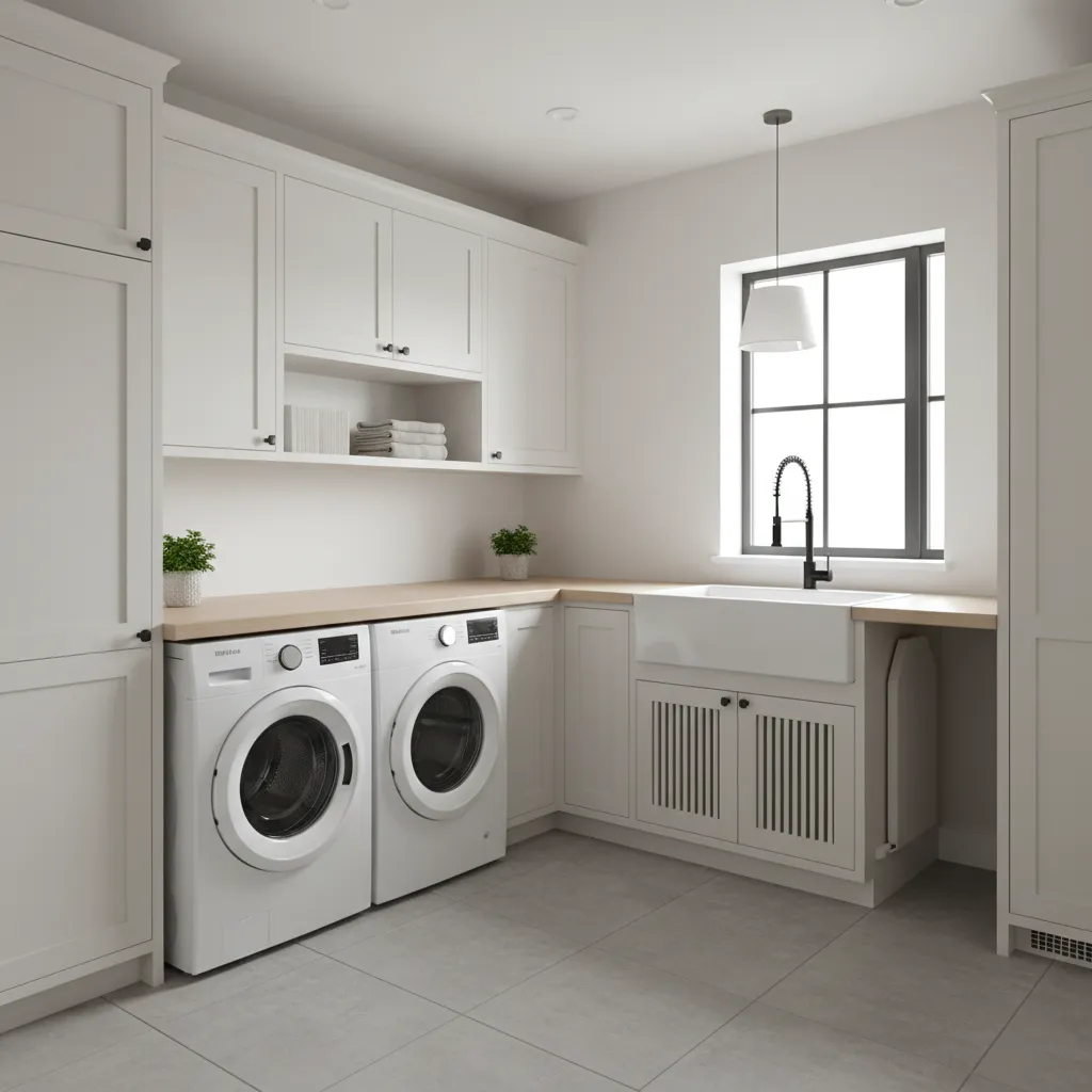 Lavadero con distribución en L y encimera de trabajo